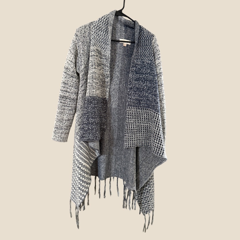 Knox Rose Womens Blue Grey Patchwork Fringe Open‎ Front Cardigan Sweater Size M